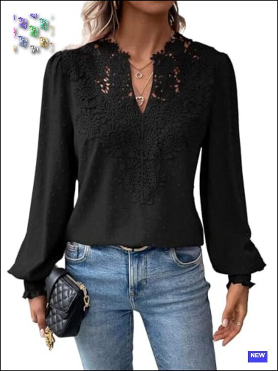 Tops - Women's Long Sleeve Boho Floral V Neck Blouse - Crochet Hollow Ruffled Cuffs